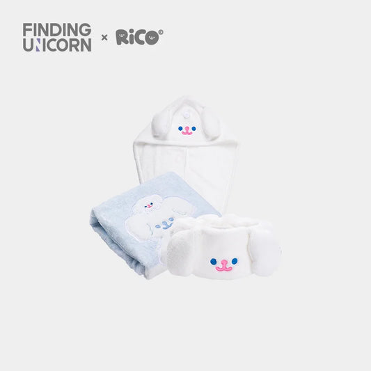 RiCO Plush Toiletry Set (Towel/Hair-Drying Cap/Hair Band) by Finding Unicorn