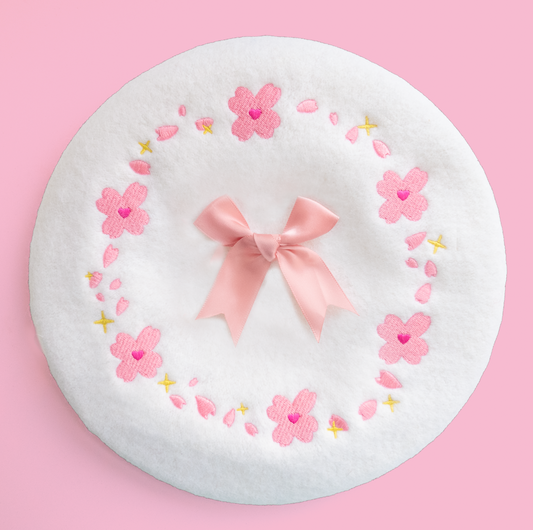 Sakura Cherry Blossom Embroidered Beret - White